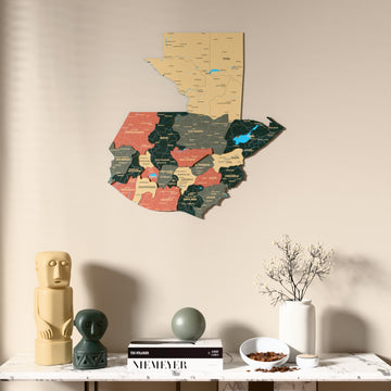 Sage Guatemala wooden wall map above a marble console, front view