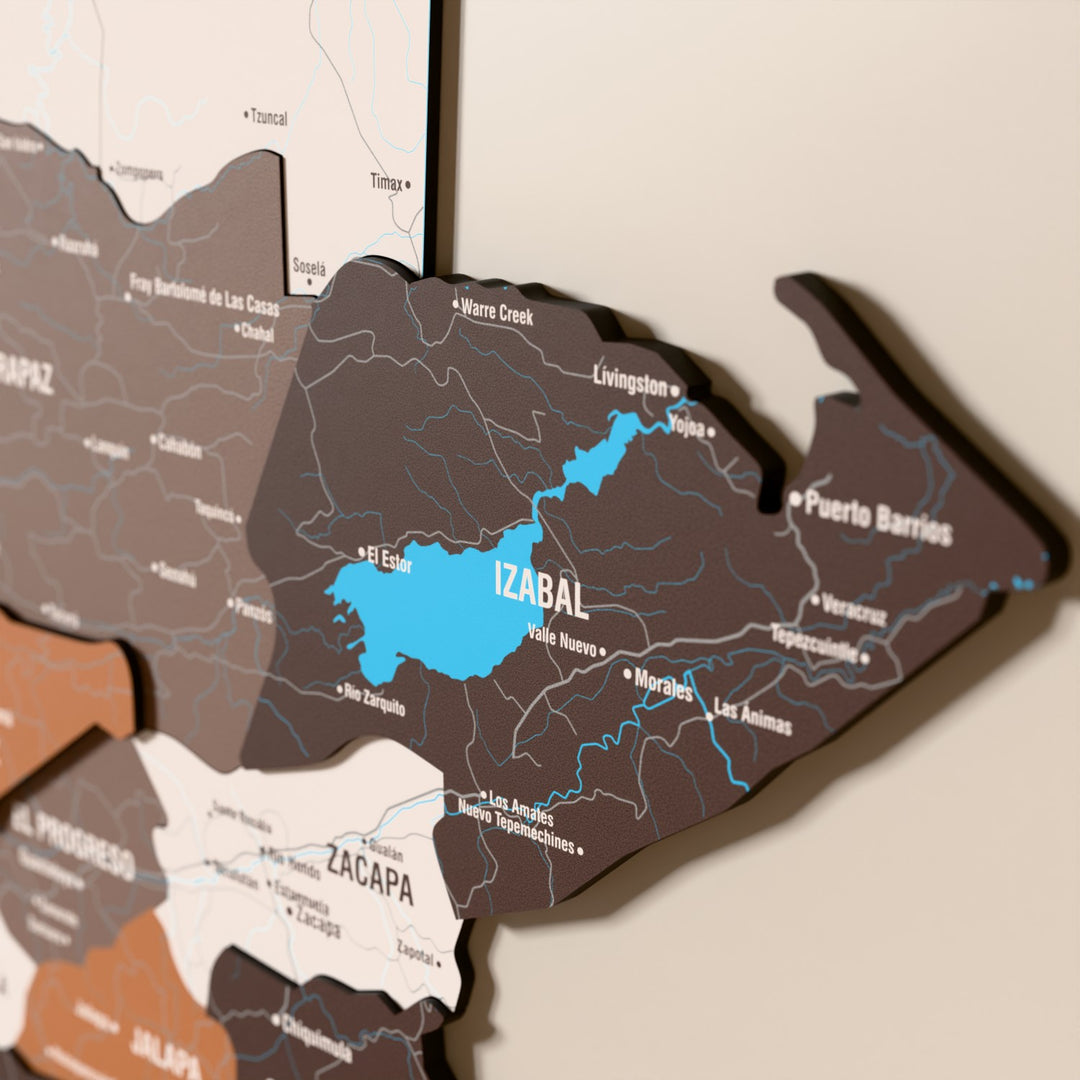 Close-up of the Soil Guatemala wooden wall map with layered regions and printed names