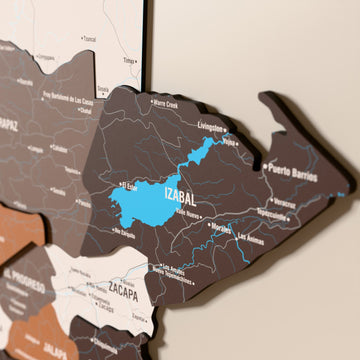 Close-up of the Soil Guatemala wooden wall map with layered regions and printed names