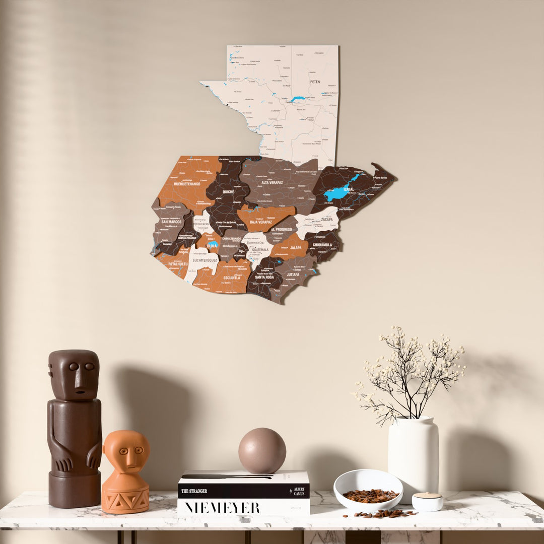 Soil Guatemala wooden wall map above a marble console, front view