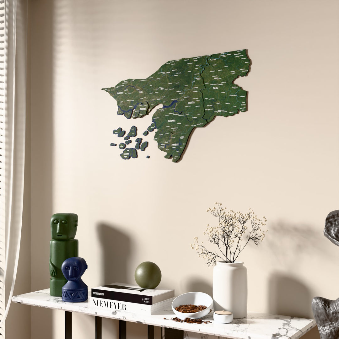 Satellite Guinea-Bissau wooden wall map beside a sheer curtain, angled view