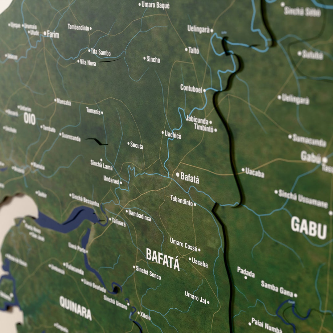 Close-up of the Satellite Guinea-Bissau wooden wall map with layered regions and printed names