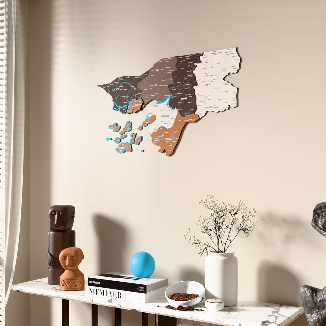 Soil Guinea-Bissau wooden wall map beside a sheer curtain, angled view