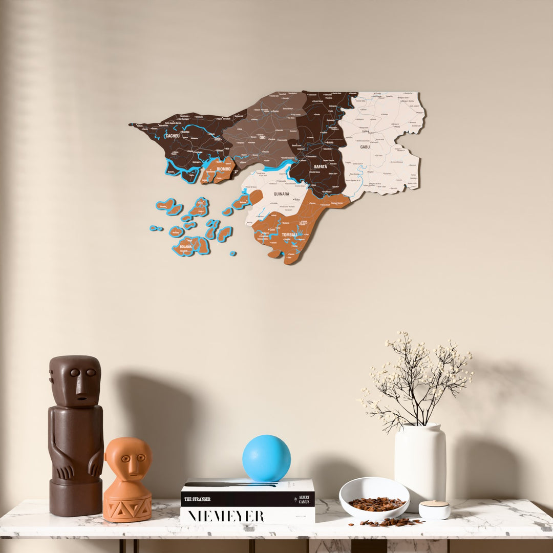 Soil Guinea-Bissau wooden wall map above a marble console, front view