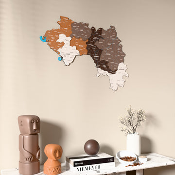 Soil Guinea wooden wall map on a beige wall above a console with figurines