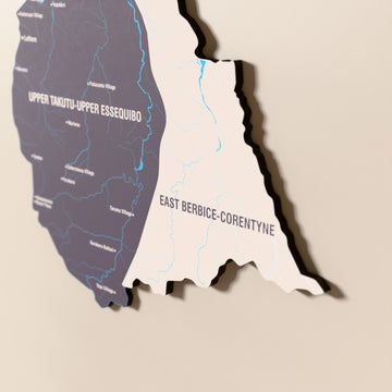 Close-up of the Nimbus Guyana wooden wall map with layered regions and printed names