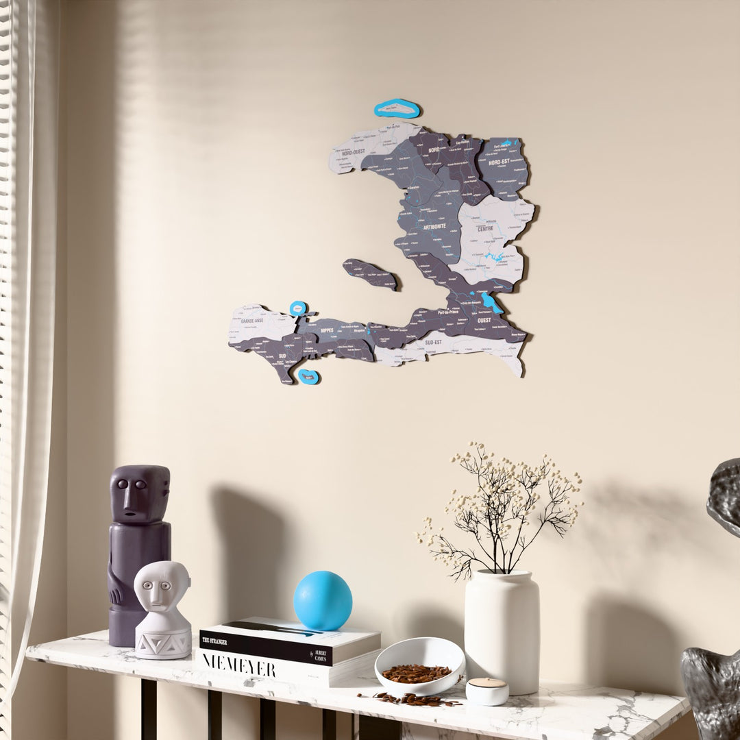 Nimbus Haiti wooden wall map beside a sheer curtain, angled view