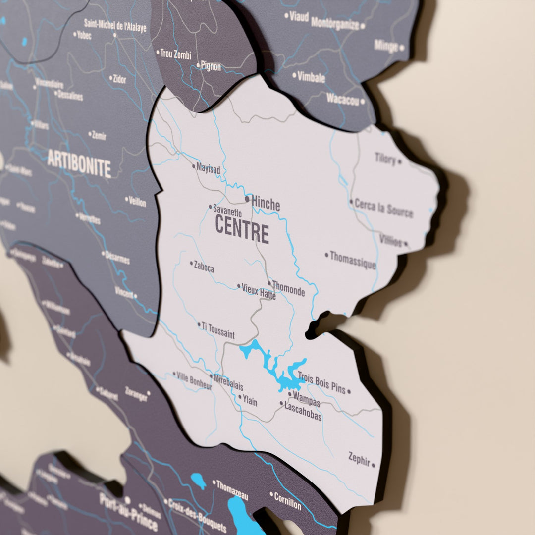 Close-up of the Nimbus Haiti wooden wall map with layered regions and printed names