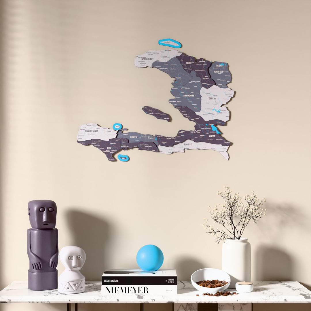 Nimbus Haiti wooden wall map above a marble console, front view