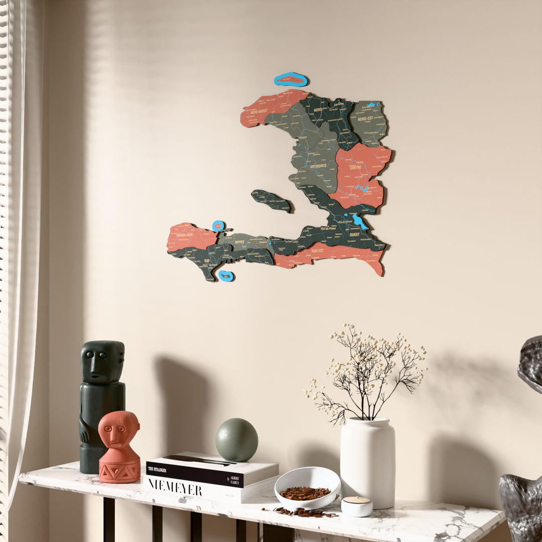Sage Haiti wooden wall map beside a sheer curtain, angled view
