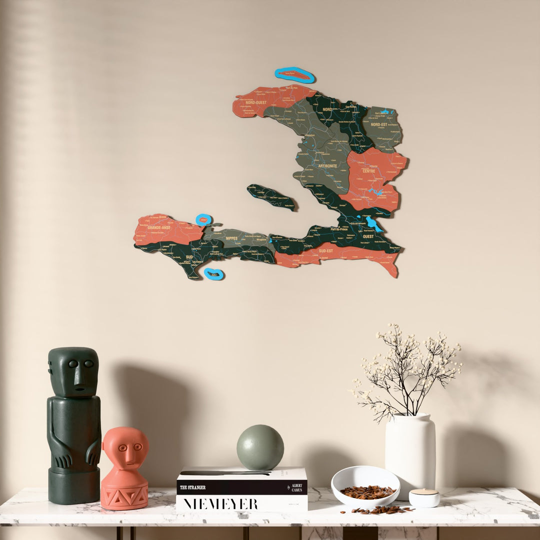 Sage Haiti wooden wall map above a marble console, front view