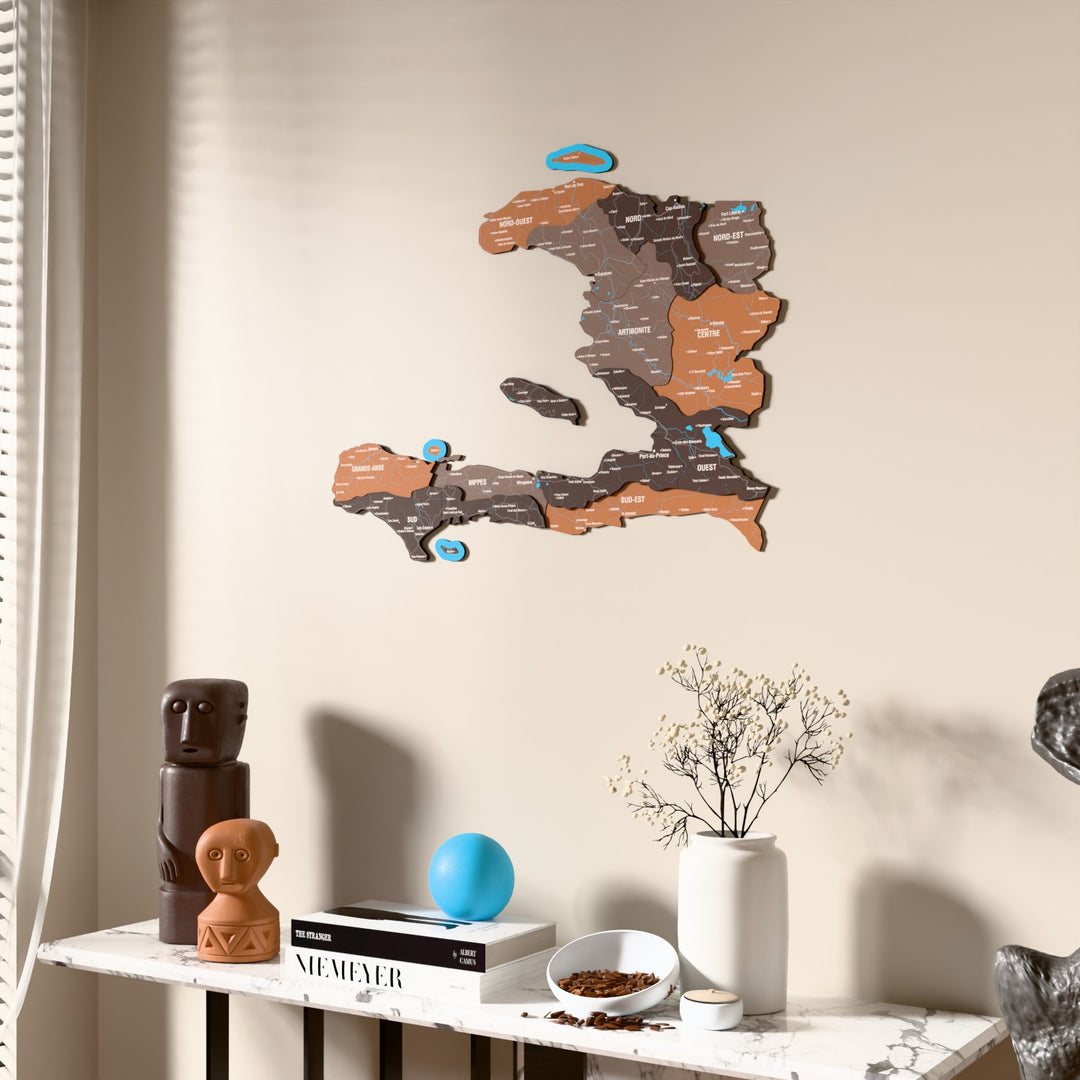 Soil Haiti wooden wall map beside a sheer curtain, angled view