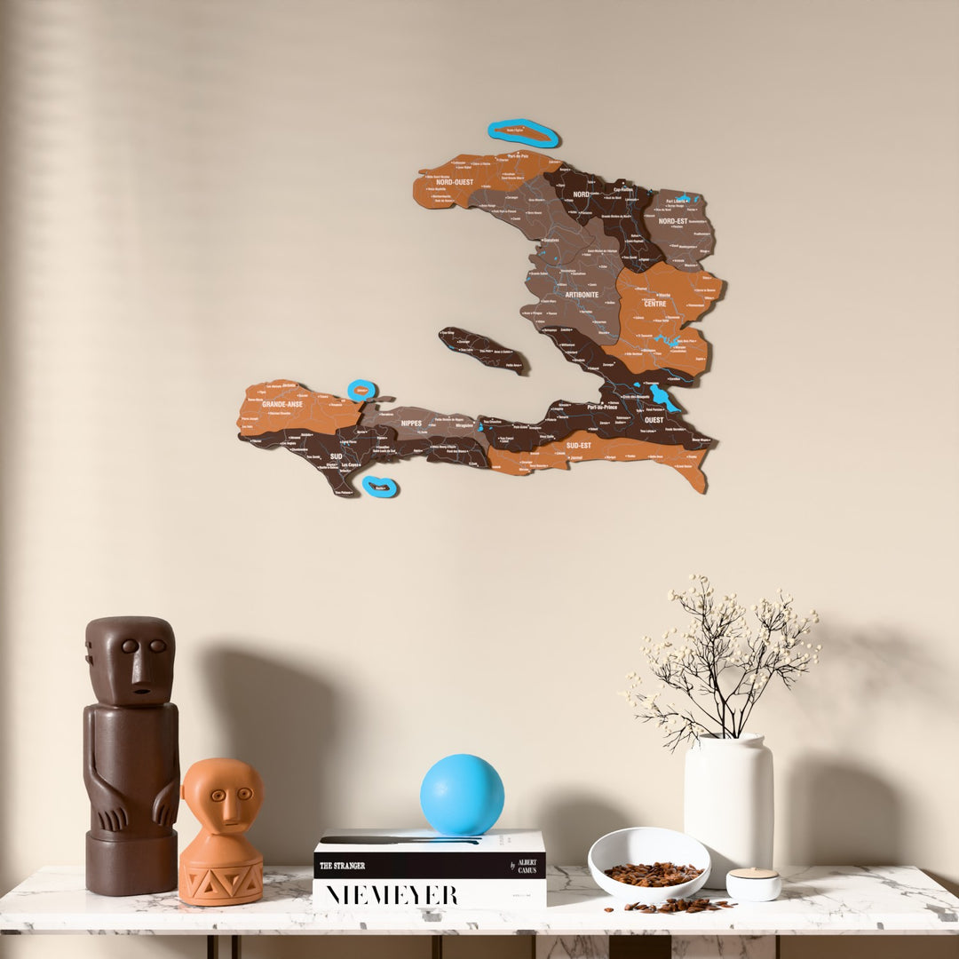 Soil Haiti wooden wall map above a marble console, front view