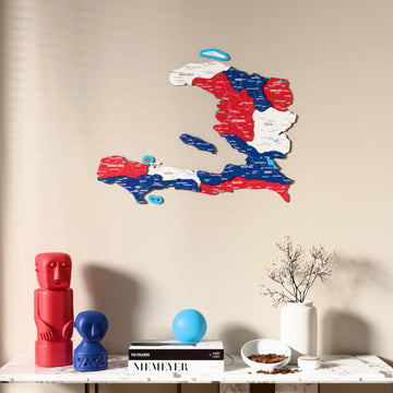 Flag colored Haiti wooden wall map above a marble console, front view