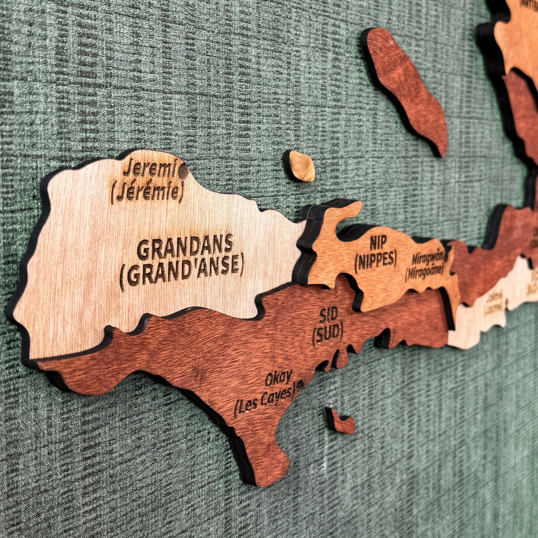 Close-up angled view of Grand'Anse, Sud and Nippes on the wooden Haiti map
