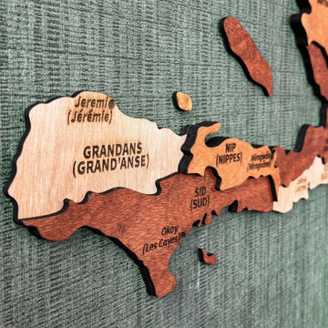 Close-up angled view of Grand'Anse, Sud and Nippes on the wooden Haiti map