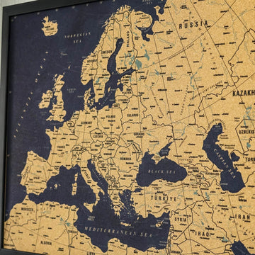 Angled close-up of Scandinavia, Russia and the Caspian Sea on the framed Europe cork map