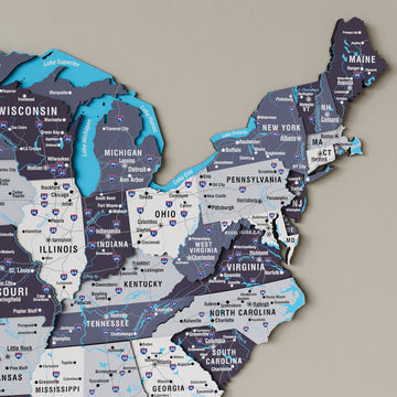 Close-up of the Great Lakes, New York and Eastern Seaboard states on the nimbus wooden USA map