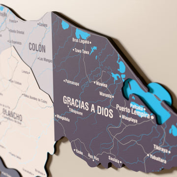 Close-up of the Nimbus Honduras wooden wall map with layered regions and printed names