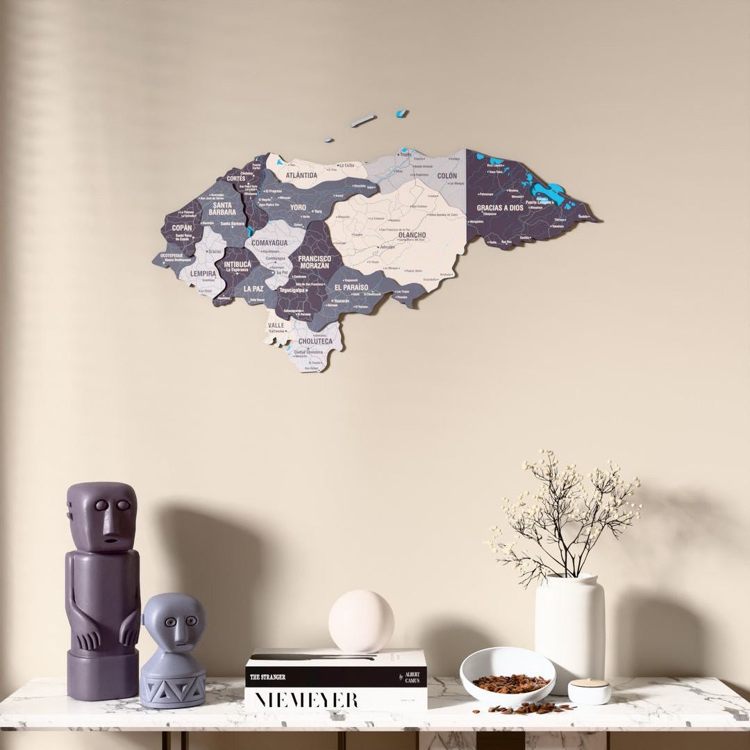 Nimbus Honduras wooden wall map above a marble console, front view