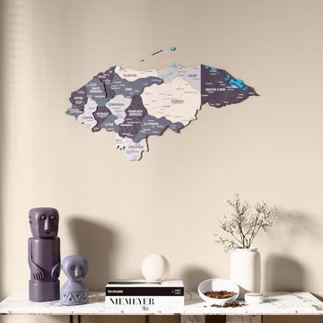 Nimbus Honduras wooden wall map above a marble console, front view