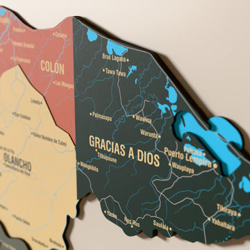 Close-up of the Sage Honduras wooden wall map with layered regions and printed names