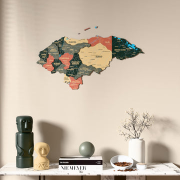 Sage Honduras wooden wall map above a marble console, front view