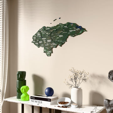 Satellite Honduras wooden wall map beside a sheer curtain, angled view