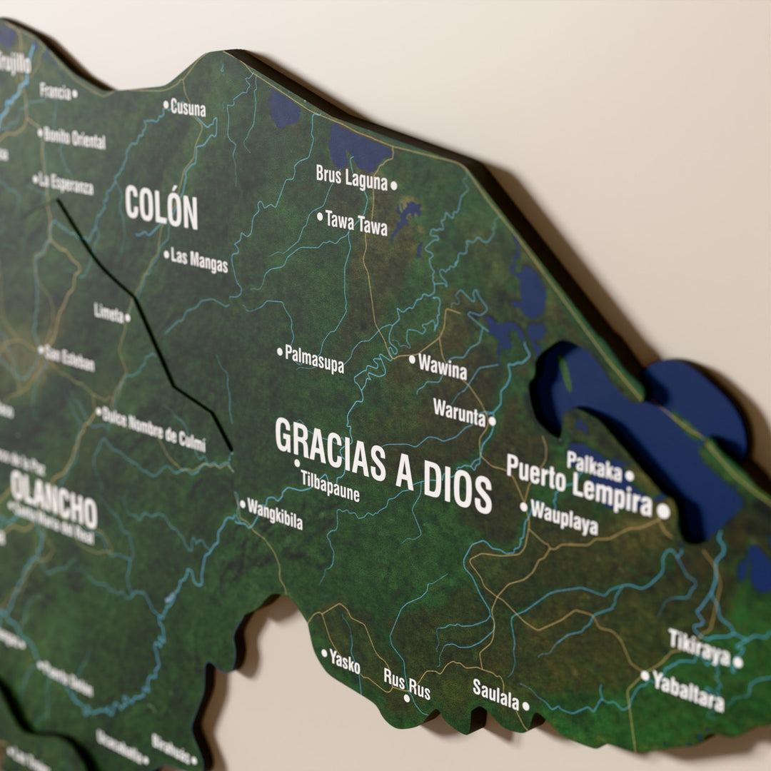 Close-up of the Satellite Honduras wooden wall map with layered regions and printed names