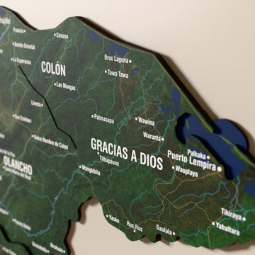 Close-up of the Satellite Honduras wooden wall map with layered regions and printed names