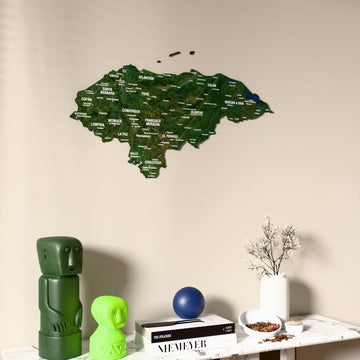 Satellite Honduras wooden wall map on a beige wall above a console with figurines