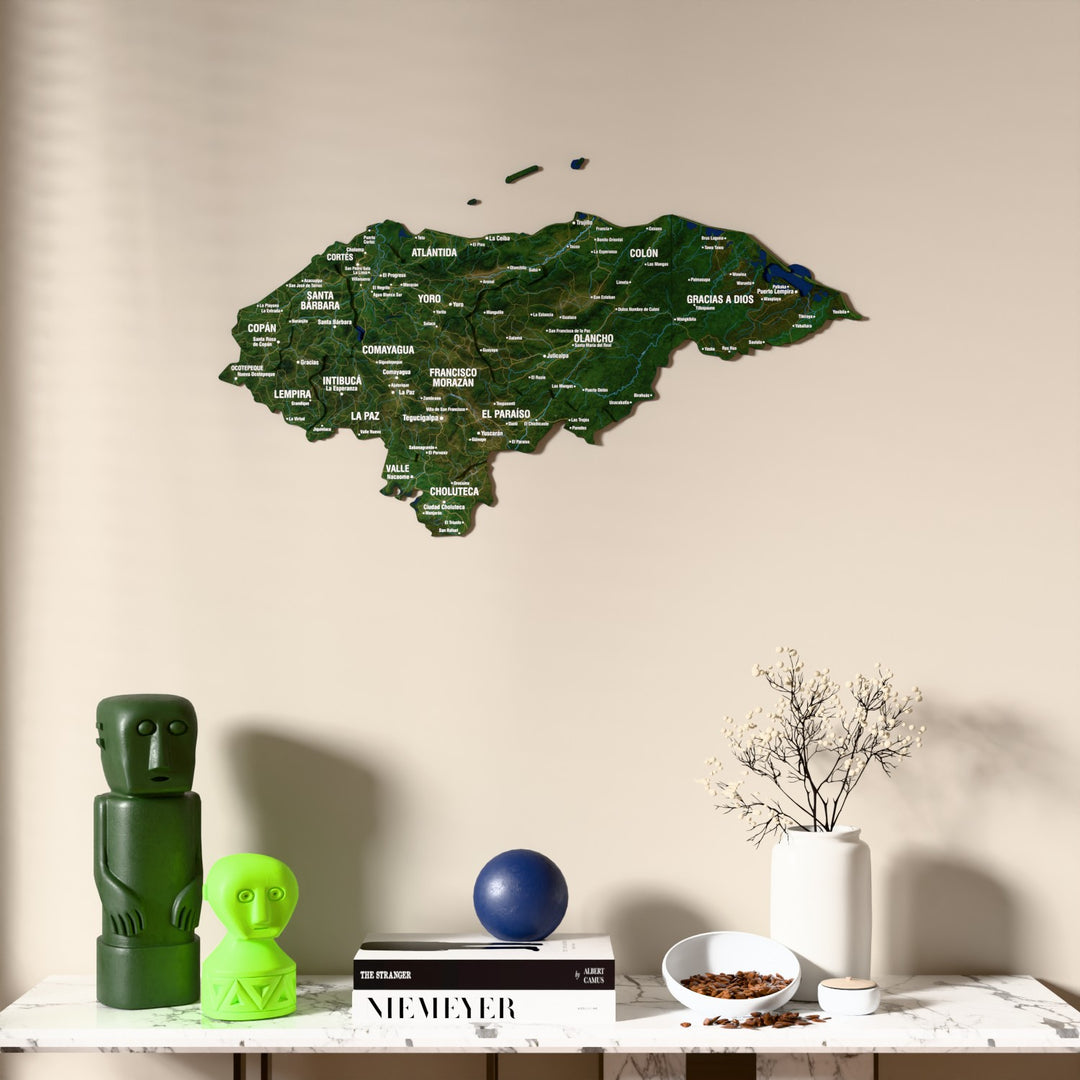 Satellite Honduras wooden wall map above a marble console, front view