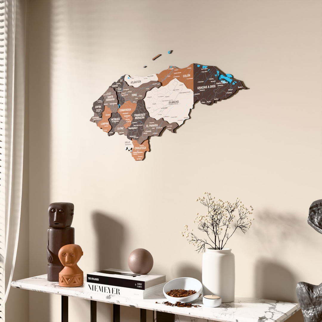 Soil Honduras wooden wall map beside a sheer curtain, angled view