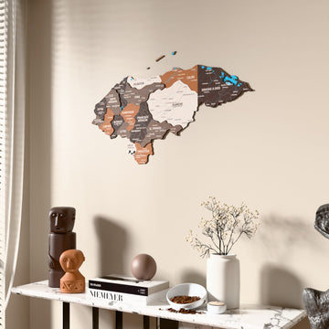 Soil Honduras wooden wall map beside a sheer curtain, angled view