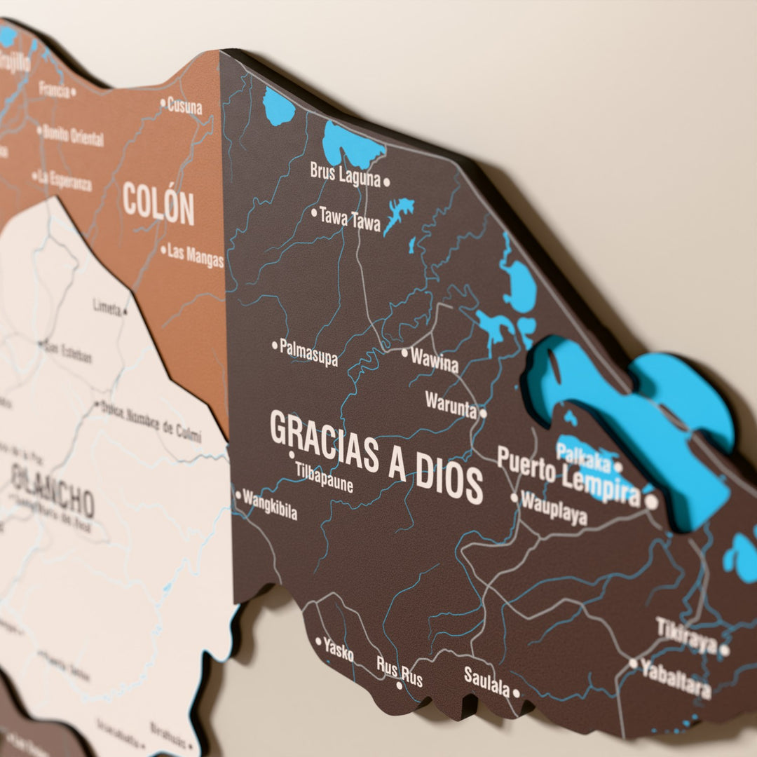 Close-up of the Soil Honduras wooden wall map with layered regions and printed names