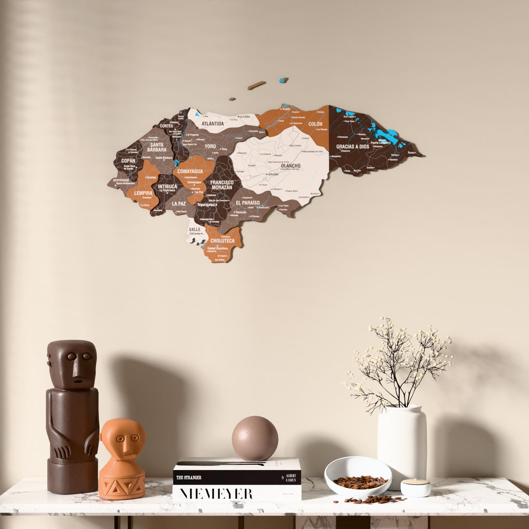 Soil Honduras wooden wall map above a marble console, front view