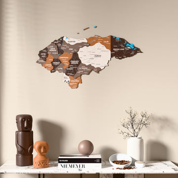Soil Honduras wooden wall map above a marble console, front view