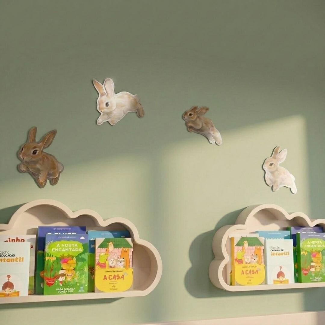 Hopping bunny metal pieces above cloud-shaped bookshelves on a green wall