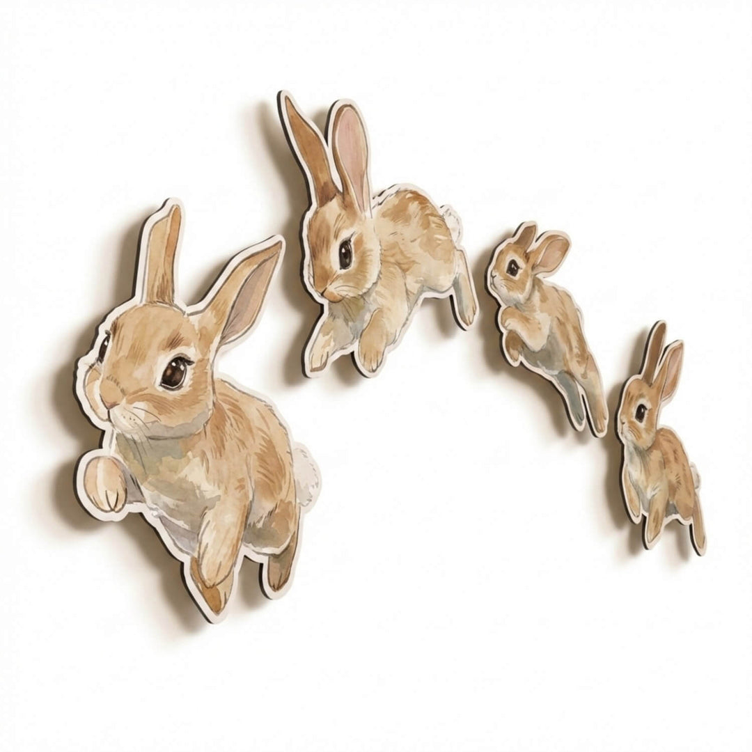 The four hopping bunny metal pieces on white, slight angle