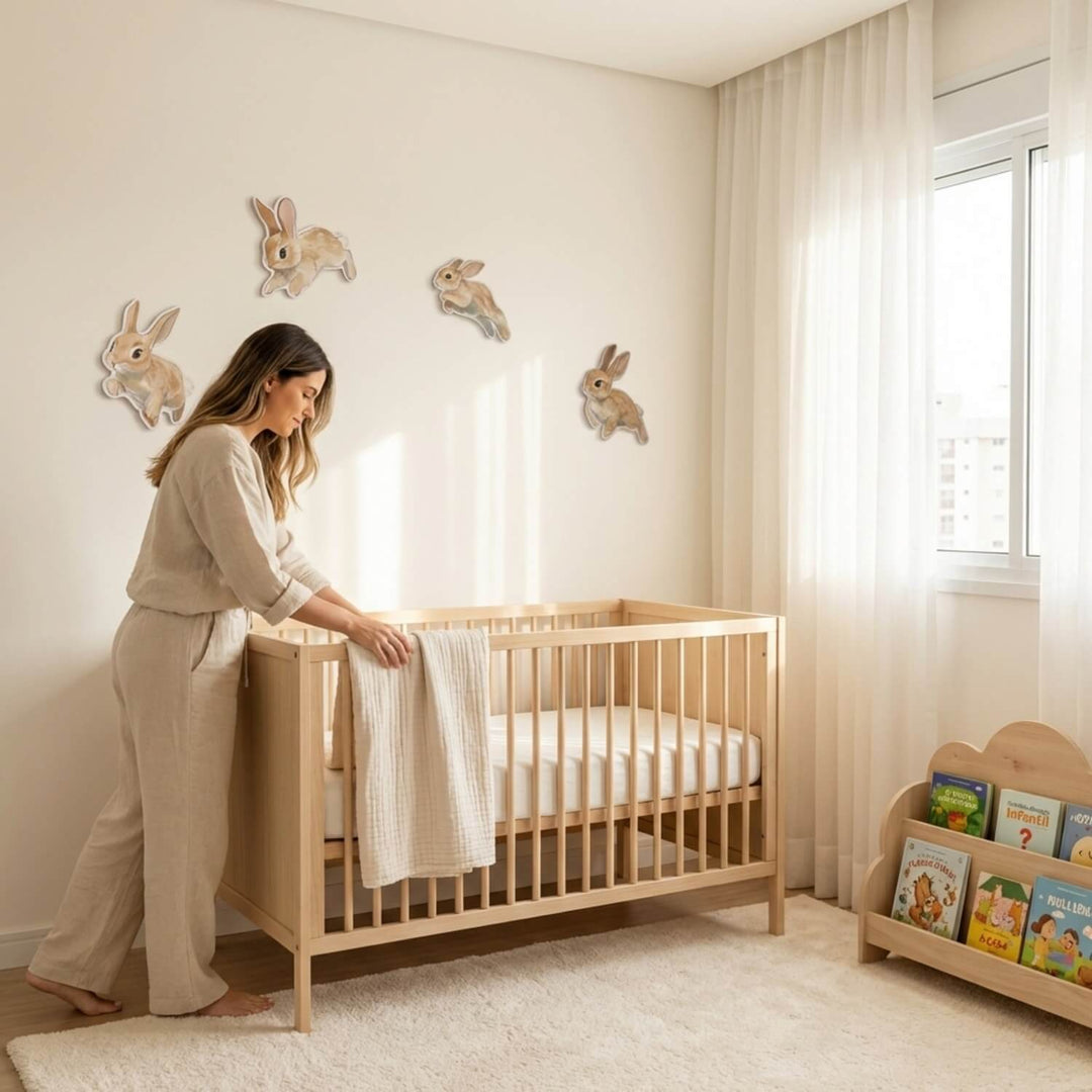 Hopping bunnies metal set above a crib in a bright nursery