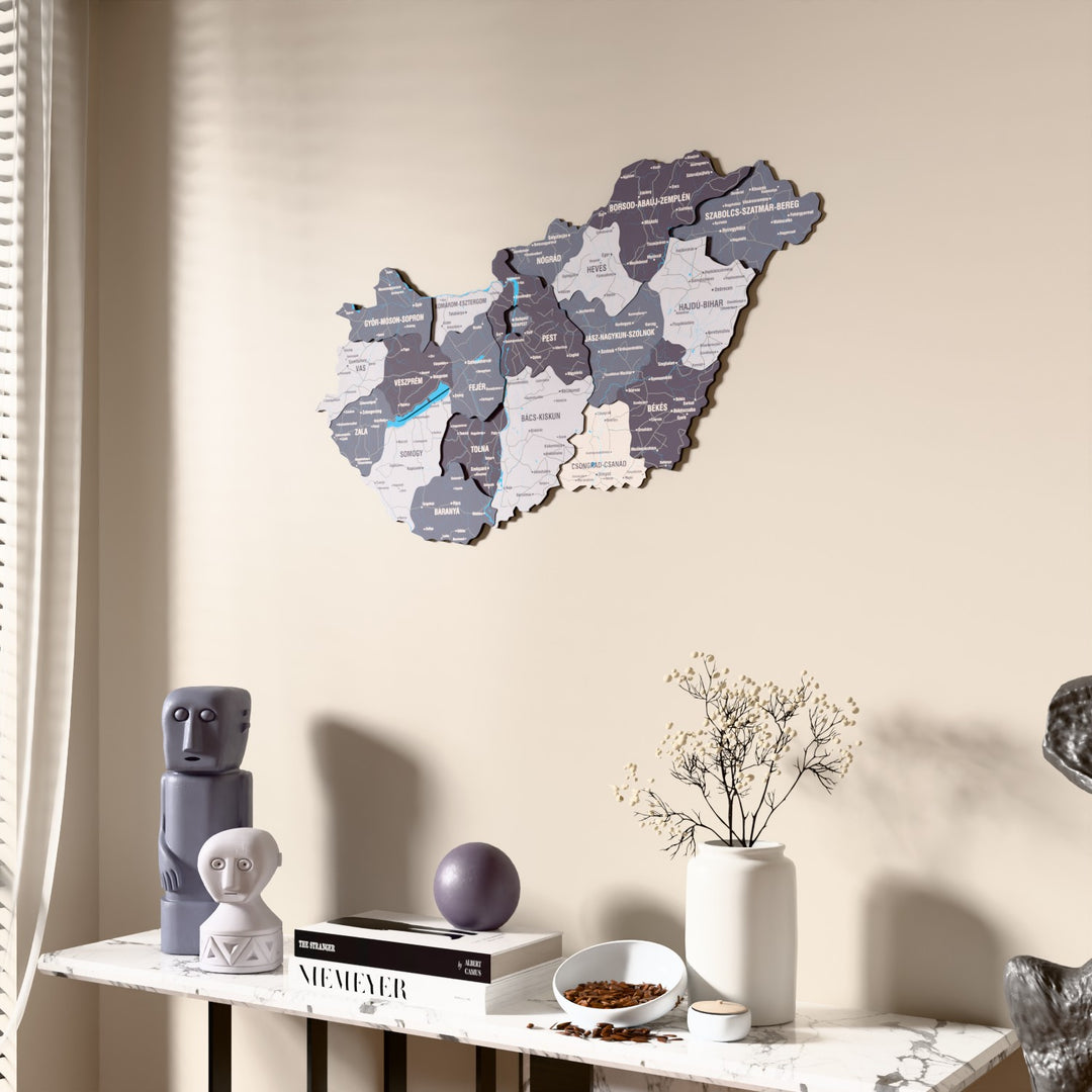 Nimbus Hungary wooden wall map beside a sheer curtain, angled view