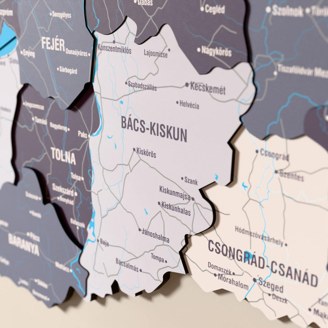 Close-up of the Nimbus Hungary wooden wall map with layered regions and printed names