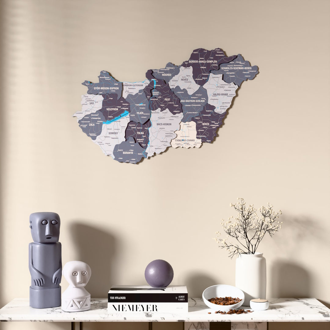 Nimbus Hungary wooden wall map above a marble console, front view