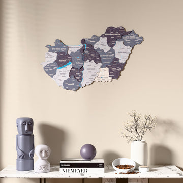 Nimbus Hungary wooden wall map above a marble console, front view