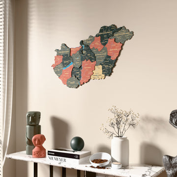 Sage Hungary wooden wall map beside a sheer curtain, angled view