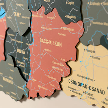 Close-up of the Sage Hungary wooden wall map with layered regions and printed names