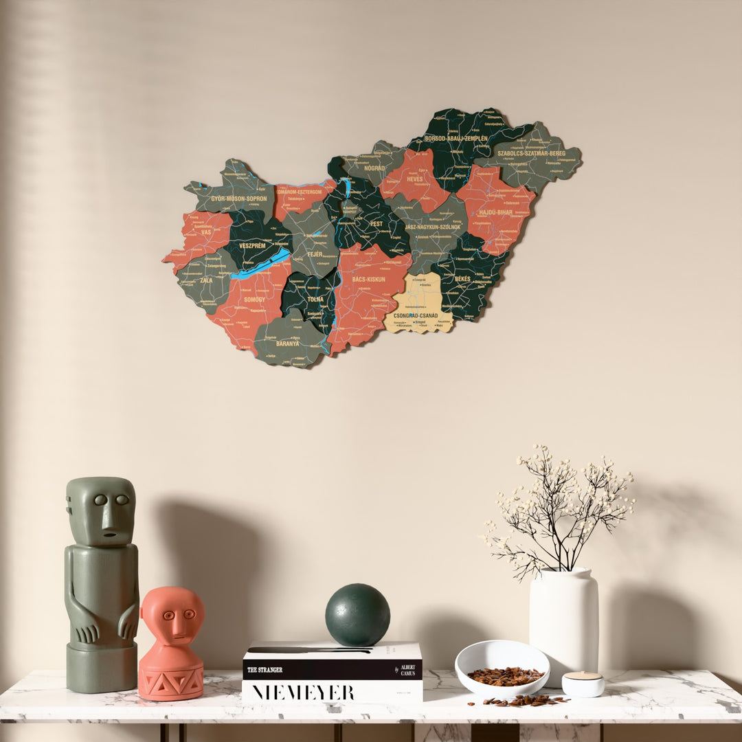 Sage Hungary wooden wall map above a marble console, front view