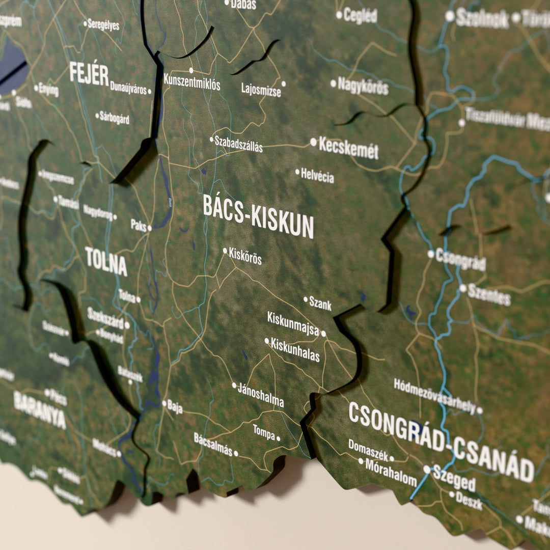 Close-up of the Satellite Hungary wooden wall map with layered regions and printed names