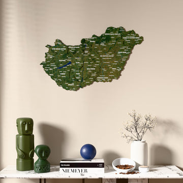 Satellite Hungary wooden wall map above a marble console, front view