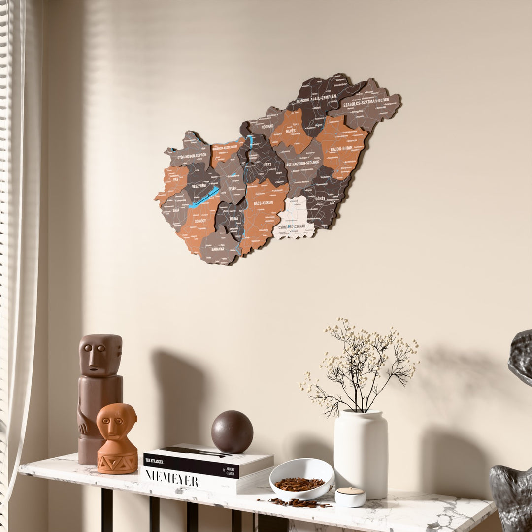Soil Hungary wooden wall map beside a sheer curtain, angled view